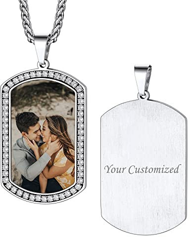 Bestyle Colgante Foto Personalizada de Militar Placa con Circonitas, Collar Personalizado Grabado Nombres, Collar Mujer Acero Inoxidable Plateado 55cm+5cm