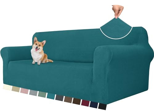 YSTELLAA Stretch Sofa Überzug 3 Sitzer, Sofaschoner rutschfest Mit Armlehne, Universal Jacquard Sofabezug, Dicke Sofabezug Für Hunde Katzen Und Haustiere, Waschbare Sofa Cover, Dunkelgrün