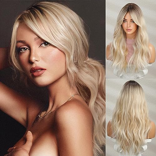 Honygebia Perücke Blond Locken mit Pony - Lang Gewellte Ombre Blond Perücken für Damen, Frauen Natürliche Realistische Synthetische Hitzeresistente Haar für Halloween/Karneval/Kostüme
