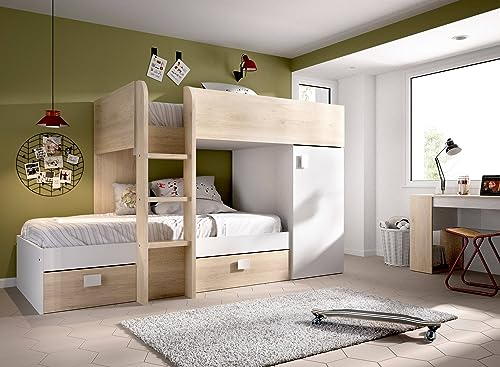 Dmora - Schlafzimmer Marmolada, Komplettes Schlafzimmer, Etagenbettkomposition mit Zwei Einzelbetten, 255x112h150 cm, Weiß und Eiche