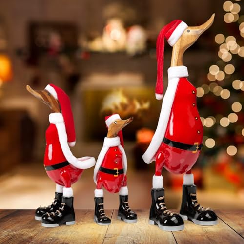 DomDeco Handgefertigte Deko-Figur Ente Weihnachtsman aus Holz, ca 33cm