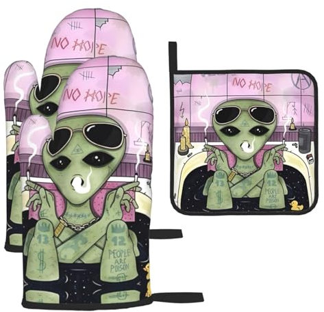 YYHHAOFA Alien Smoke Prints Ofenhandschuhe und Topflappen-Sets – Dicke und Verbrühungsschutz, 2 isolierte Handschuhe und eine Deckelmatte