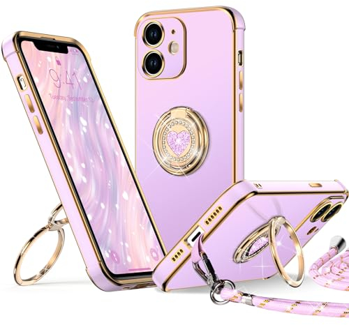 XYZ Cover per iPhone 11 con Supporto, Custodia con Doppio Anello a Forma di Cuore con Cordino per Ragazze e Donne, Custodia Protettiva di Lusso per iPhone 11, Viola