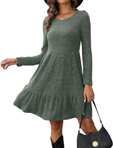 Zetieny Jumper Dress for Women Long Sleeve Winter Dresses Ladies Knitted Tunic Dress A Line Knee-Long Sweater Dress Elegant Green