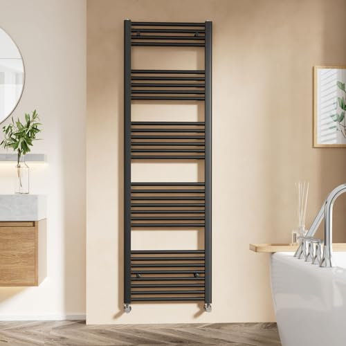 EMKE Black Heated Towel Rail, 1600 x 500mm, Modern Straight Wall Mounted Radiator