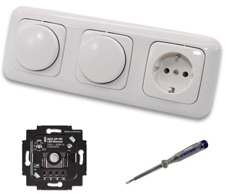 Busch Jäger 6523UR-103 (2 x) LED Drehdimmer Dimmer + Dimmerscheibe 2115-214 und Steckdose 20EUC-214 in Reflex Si alpinweiß glänzend inklusive EBROM Phasenprüfer zur Montage der Geräte 6523 UR-103