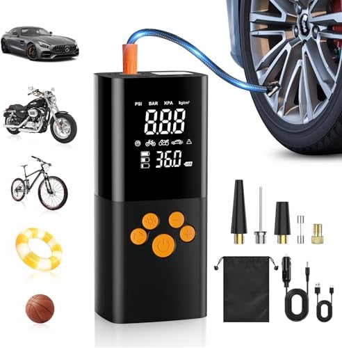 Elektrische Luftpumpe Tragbare Fahrradpumpe mit 10000mAh Akku Kompressor 150PSI Fahrradpumpe akku mit Manometer/LED-Licht geeignet, Akku luftpumpe mit USB/LED-Licht für Auto Fahrrad Motorrad Bälle