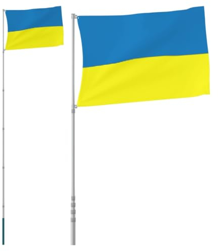 vidaXL Flagge der Ukraine Mast, Ukrainische Fahne mit 2 Metallösen, Fahnenmast Wetterfest Höhenverstellbar, Hissflagge Nationalflagge, 5,55m Aluminium