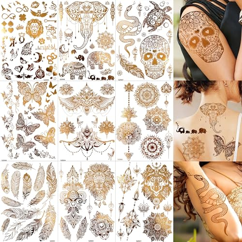 9 Blatt Groß Blitz Metallisch Gold Temporäre Tattoos Damen Frauen Arm, Fake Goldene Tattoos Zum Aufkleben Auf Die Haut Klebetattoos Erwachsene, Elefant Feder Mandala Blume Böhmen Glitzer Schmetterling