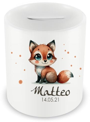 Samunshi® Kinder Spardose mit Namen und Süßer Fuchs als Motiv für Kinder - Jungen und Mädchen Sparschwein 330ml weiß