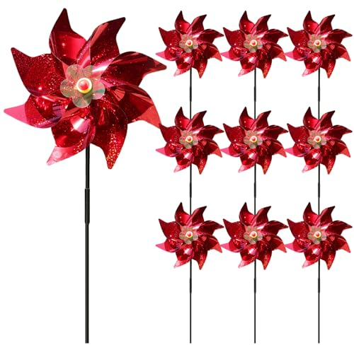 CAKEEYUM Reflektierende Windräder 10 Stück 20 5 Zoll Windräder für den Garten mit Pfählen Rote Vogelabwehrvorrichtungen Windmühle für Hof und Garten für Hof und für Windräd