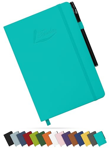 Tasalas A5 Notebook and Pen - 200 Lined Pages Journal Notepad, 80 GSM, Teal Notebook A5 with Soft PU Cover, Elastic Loop, Pen Holder, Expandable Pocket - Note Book for Writing and Note-Taking