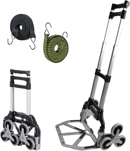 Sackkarre Treppensteiger Klappbar, Pejevir Transportkarre Aluminium bis 125 kg, Faltbare Treppenkarre 3x3 Treppensteiger Rädern, 2 Expanderseil, Verstellbarem Griff, Ladefläche mit Anti-Rutsch-Pads