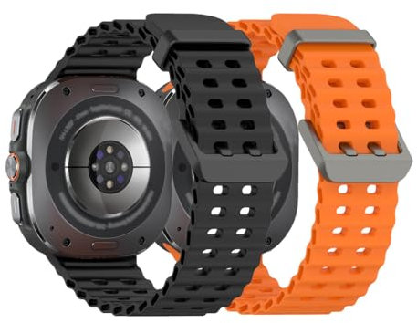 YOFUNTLE Lot de 2 bracelets de rechange réglables et respirants en silicone doux pour montre Galaxy Watch Ultra 47 mm (noir + orange)