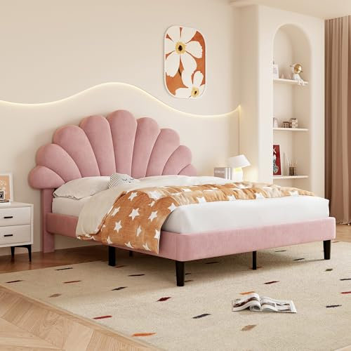 4ft6 Double Bed Frame Upholstered Platform Bed with Height-adjustable Chic Petal Headboard&Solid Wood Slats, Girls Youth Bed Guest Bed Frame for Adults&Teenagers, Velvet, No Mattress, Pink, 135x190 cm