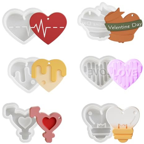 Voyyphixa 6 Stück Herzform Silikonform Niedliche Liebe Silikonformen Anhänger Harz Formen Heart Resin Molds Epoxidharz Gießformen für DIY Kerzen Seifen Schlüsselbund Bastelarbeiten