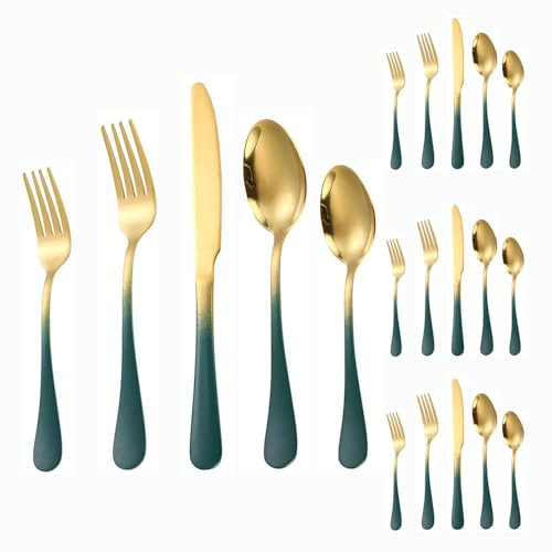 Thickened Gradient Color Handle Kitchen Stainless Steel Silverware Tableware Flatware Cutlery Set Steak Knife Fork Spoon Teaspoon (Gradient green gold,20 pieces)