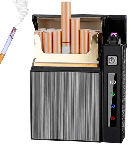 Zigarettenetui mit Feuerzeug, 2-in-1 Dual Bogen Feuerzeug Zigarettenbox mit Digitale Batterieanzeige, USB Wiederaufladbarer Winddichte Feuerzeug Zigarettenbox Kann 20 Fassen Zigaretten(Schwarz)