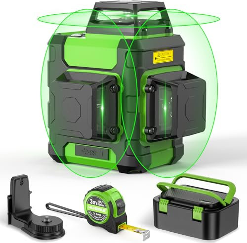 Huepar 3 x 360 Nivel láser, herramienta de nivelación láser autonivelante, herramienta láser de alineación y nivelación de líneas cruzadas 3D, con batería de iones de litio, rígido de y cinta métrica