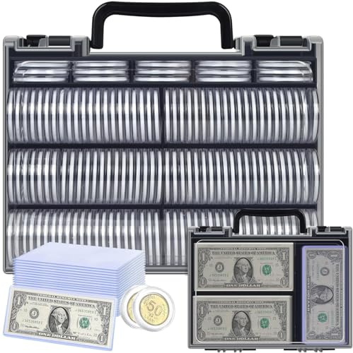 FULLCASE Münzsammelbox mit 46mm Münzkapseln (141 Stk.), 6 Schaumstoffdichtungen, 20 Geldscheinhüllen, 200 Banknoten-Schutzhüllen & Aufbewahrungsorganizer - Schwarz