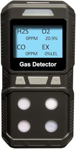 Gasdetektor GiiHoo 4 Gasdetektor für H2S, O2, CO und EX, tragbarer visueller Gasmonitor mit Schalllicht, Vibration, LCD-Display, wiederaufladbares Multi-Gas-Detektor-Messgerät (Black)