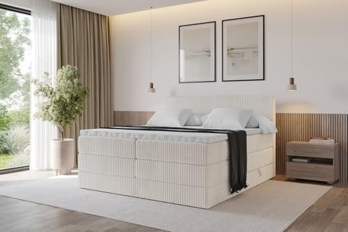ALTDECOR Boxspringbett mit Matratze und Lattenrost, Topper, Polsterbett mit Bettkasten, Bett mit Stauraum H3- und H4- Matratze, Doppelbett, Springboxbett - TOLO King 180x200 Cord - Creme