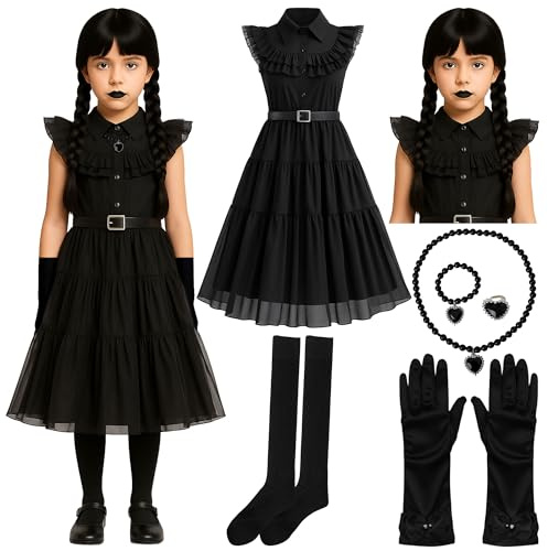 8pc Gothic School Girl Halloween Costume Kids with Gothic Dress and Belt, Kids Black Plaited Wig, Black Gloves, Knee High Socks and Fancy Dress Jewellery - Halloween Costumes for Girls