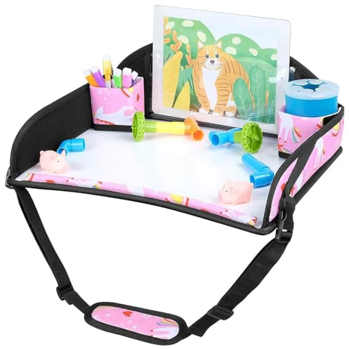 INFANZIA Kinder Reisetisch, Tragbares Knietablett, Faltbar (Rosa) | Snack-Tablett, Faltbarer Organizer mit Stauraum, Zeichenbrett Geschenk, Rücken-/Kindersitz für Auto/Flugzeug/Zug