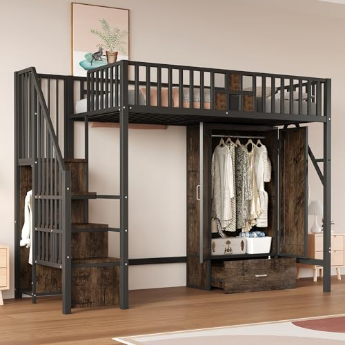 Witimisy Metall-Hochbett,Mit Markantem Geländerdesign Aus Holz und Metallgitter, Komplett Mit Großem Kleiderschrank,Schubladen und Aufbewahrungsleiter,Schwarz,255 x 95 x 170cm
