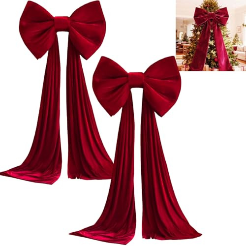 Noeud Sapin de Noel,Rouge pour Cime d'arbre de Noël, 50x 38cm, très Grands nœuds en Velours Rouge avec 3m de Long pour la Maison, décoration Sapin pour Noël Salle, fête, Vacances, Couronne, Mur (2pc)