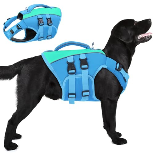 Queenmore Hundeschwimmweste Große Hunde,Verstellbar Schwimmweste Hund, Rettungsweste Mit Griff, Schwimmweste Für Große Hunde Labrador,Bootfahren Surfen Kajak, Blau, XXL