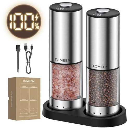 TOMEEM Elektrische Salz und Pfeffermühle 2er Set mit Digitalanzeige | USB Wiederaufladbare 110ml Pfeffermühle aus Edelstahl mit Aufbewahrungssockel, 5 Mahlstufen und LED-Beleuchtung