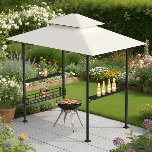 Peviasot Grillpavillon Wasserdicht, mit 2 Seitenregalen, Metallkorb, Haken und Flaschenöffner, Doppelstöckiges Dach, Grillzelt UV-Schutz, Gartenpavillon für BBQ Party, 238x148x250 cm, Beige