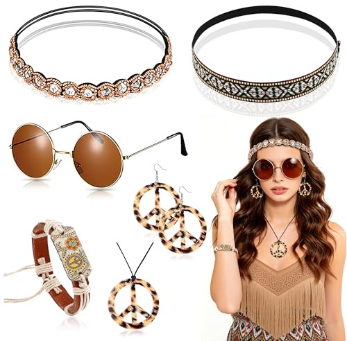 YinnFeen 6 Stück Hippie Accessoires, Vintage Hippie Kostum Damen, 60er 70er Jahre Bekleidung Zubehör mit Hippies Stirnband Brillen Peace Kette Ohrringe und Armbänder für Faschings Karneval