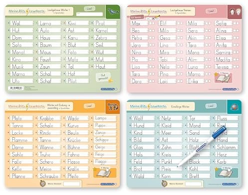Meine Blitzlesekarten Set 1 zur Leseförderung (4 Lerntafeln mit Stift): wiederbeschreibbare Lernvorlagen für die 1. und 2. Klasse