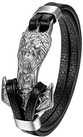 Cupimatch Premium Leder Armband Herren Thor Hammer Löwe Kopf Vintage geflochten 21,5cm Flechtarmband, Silber