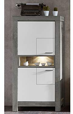 möbelando Highboard Beistellschrank Hochkommode Standschrank Kommode Gravesend II Haveleiche/Lack Laminat Weiß supermatt