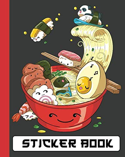 STICKER BOOK: Kawaii Permanent Blank Sticker Collection Book for Kids with Cute Panda and Sushi Surfing Ramen Noodle Bowl, Album with White 8x10 Inch ... Collecting Stickers, Sketching and Drawing