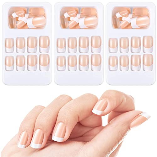 72 Pieces French Artificial Nails 12 Different Sizes Short Medium False Nails Fake Acrylic Full Cover Fingernails with Nail Files, Stick and Cotton Pad for Nail Decorations, Nude Color