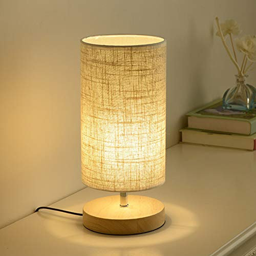 Lampe de chevet ronde (blanc chaud), lampe de chevet avec abat-jour en tissu et bois massif pour chambre à coucher, salon, bureau, enfants (E27 ampoule pas incluse)
