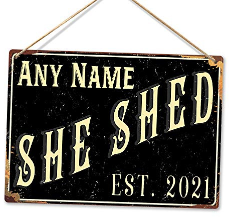 Personalised SHE SHED - Custom Name - Black – Medium Twine | Printed Metal Wall Sign Plaque