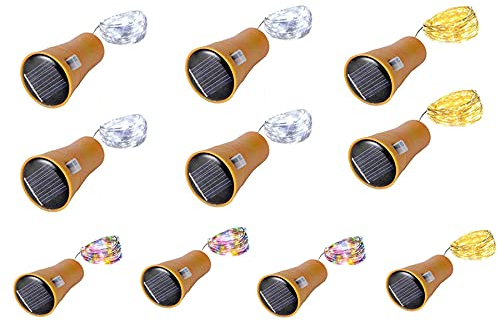 Toifucos Solar Wine Bottle Lights, 10 Pack 20LEDs Copper Cork Shaped Lights Solar Fairy Lights Mini Fairy String Lights for DIY, Party, Wedding, Christmas Decoration (3 Color)