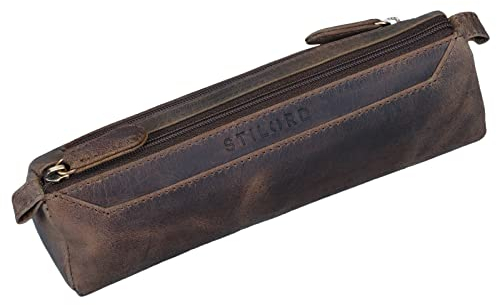 STILORD 'Jim' Federmappe Leder Vintage Stifte Euti 2 Fach rundes Federmäppchen groß Stiftemappe für Damen und Herren Faulenzer aus echtem Leder, Farbe:dunkel - braun