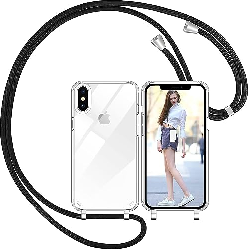 Nupcknn Handykette Hülle für iPhone XS Max Hülle TPU Bumper+PC Back Necklace(abnehmbar) Transparent Hülle mit Kordel zum Umhängen Handy Schutzhülle mit Band(Schwarz, 6.5)