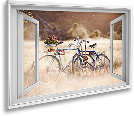 islandburner Bild auf Leinwand Fensterblick Wunderschönes Landschaftsbild mit Fahrrad und Blume bei Sonnenuntergang Sagenhafter Effekt Wandbild Leinwandbild XCPV