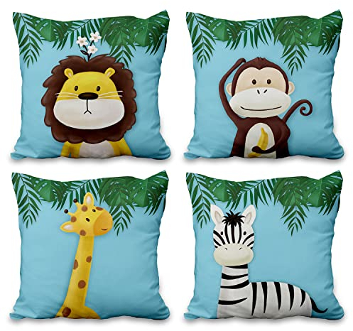 Aoihrraan 41x41cm 4er Set Süß Karikatur Tier Dekorativ Kissenbezug Wald AFFE Giraffe Blumen Pflanze Quadratische Sofakissen Baby Blau Dekokissen Aus Leinen Kinder Party Schlafzimmer Sofa Bett Auto