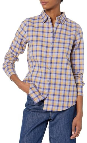 Amazon Essentials Women's Classic-Fit Long-Sleeved Lightweight Plaid Flannel Shirt, Light Camel Plaid, XS