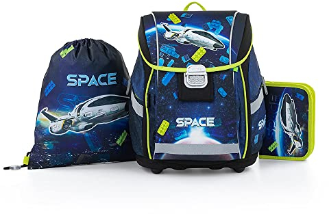 OXY BAG Schulranzen PREMIUM LIGHT 3er-Set, Blau | Ultraleichter Tagesrucksack mit Raumfahrzeug-Motiv | Federtasche & Hausschuhsack, 27L | Reflektierende Elemente, Atmungsaktiv, für Schulkinder