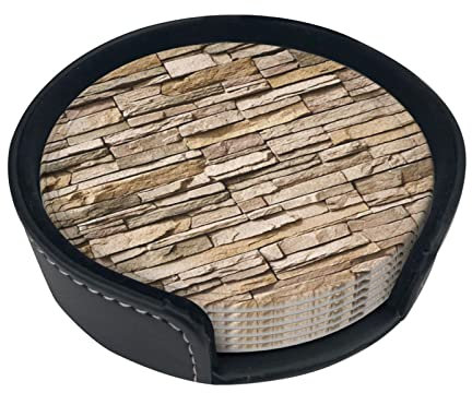 Untersetzer, 6 Stück, runde Leder-Untersetzer – geeignet für jede Tischplatte – ca. 10 cm, hitzebeständige Getränkeuntersetzer. Rustikale Steine, Ziegelmauer