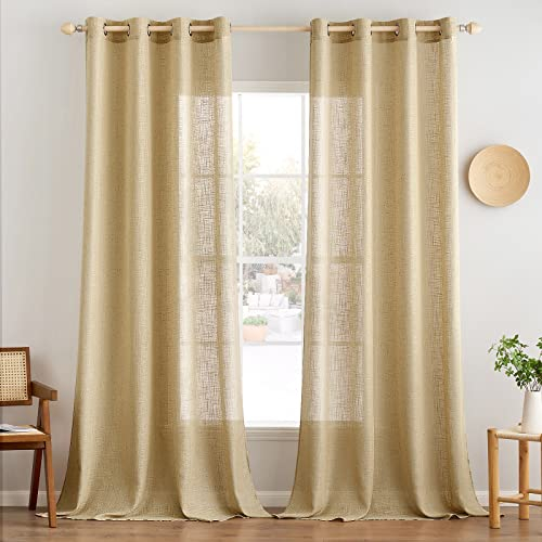 MIULEE Gardinen Vorhänge mit ösen Voile Vorhang kurz Modern Leinenoptik Halbtransparent Ösenvorhang für Wohnzimmer Kinderzimmer Raumteiler 2er Set Weizen 225x140 cm